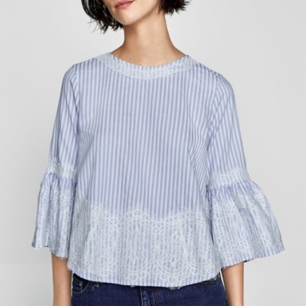 Zara Woman Blue Stripe Lace Bell Sleeve Blouse - Picture 3 of 7